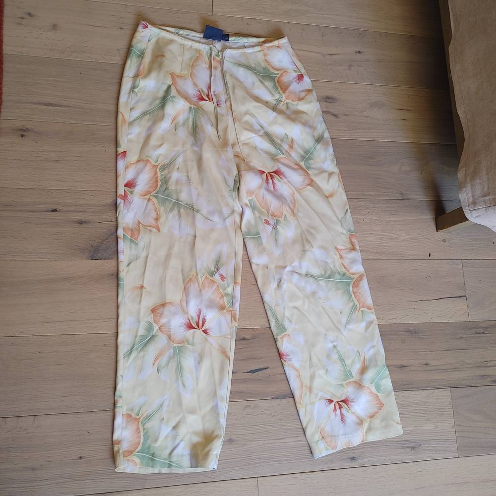 Floral Wide-Leg Silk-Look Lounge Pants - Cream Peach Green